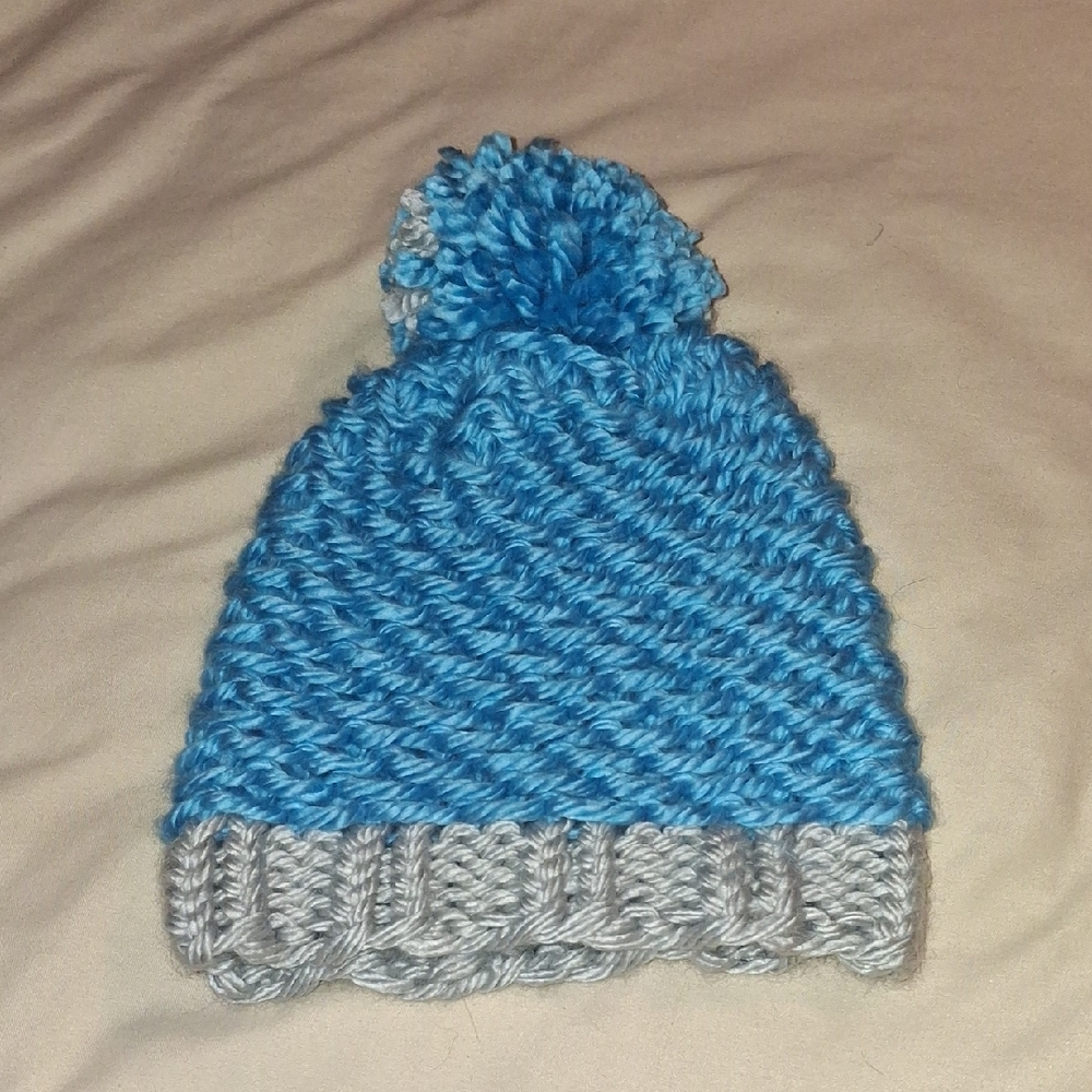 Handknit Blue And Grey Winter Hat